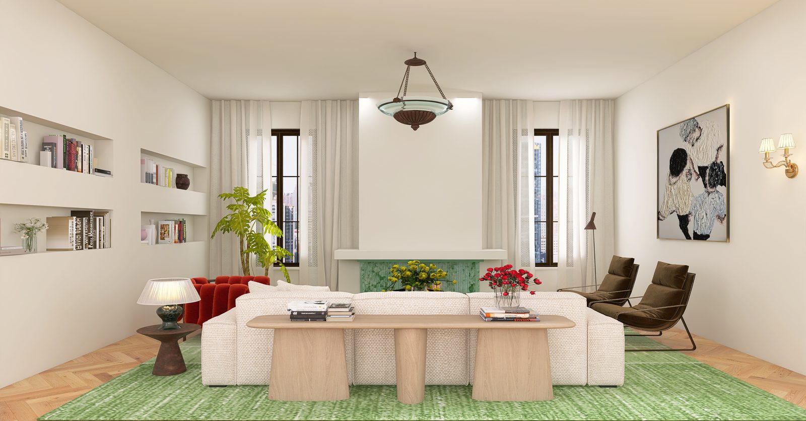 The Emerald Hearth — The wide salon view